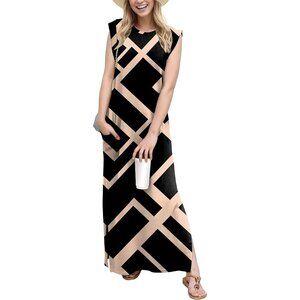 Grecerelle Women Black Round Neck Loose Split Wrinkle-Free Long Maxi Dress